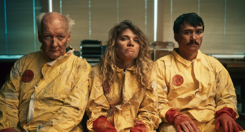 Collin Mochrie, Mallory Everton and Jason Gray in "Villains Inc."