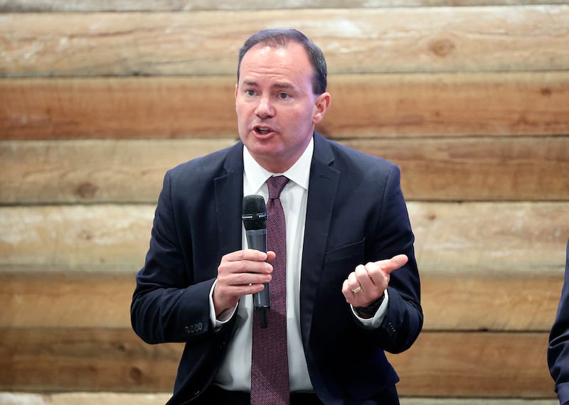 Sen. Mike Lee, R-Utah, speaks during a South Valley Chamber of Commerce meeting in Sandy.