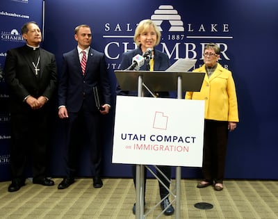Natalie Gochnour, director of the Kem C. Gardner Policy Institute at the University of Utah, speaks during a press conference at the Salt Lake Chamber in Salt Lake City on Thursday, March 21, 2019, where community leaders reaffirmed their support of the U