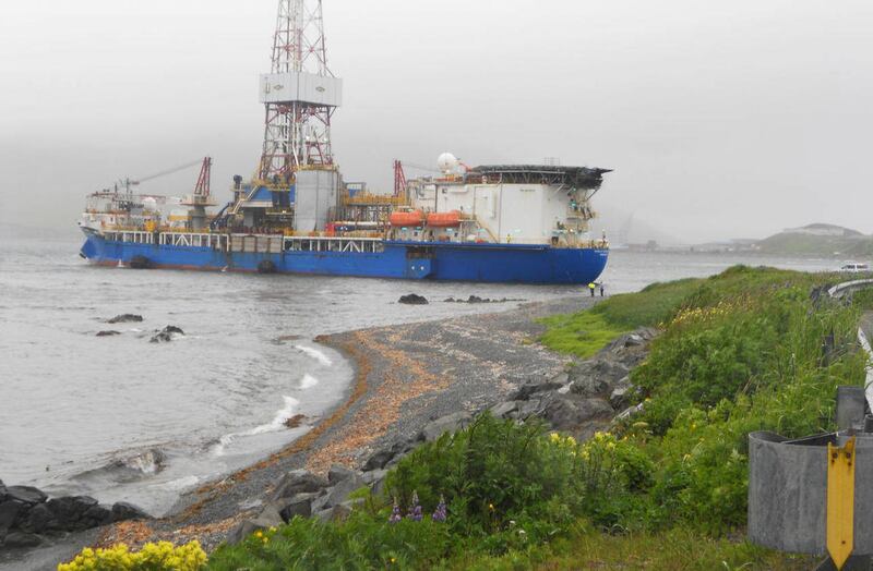 In this Saturday, July 14, 2012 photo provided by Capt. Kristjan B. Laxfoss, a Shell drilling ship drifts near shore near Dutch Harbor on Unalaska Island, Alaska. The Coast Guard says an inspection of the Shell drilling ship that lost its mooring and drif
