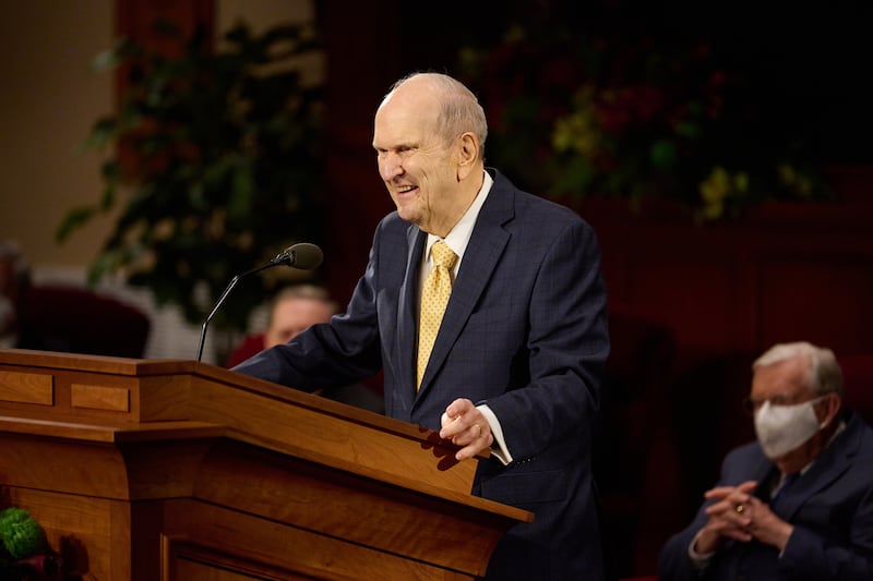 President Russell M. Nelson speaks to some 300 general authorities, general officers and Area Seventies at a leadership meeting at the Church Office Building auditorium in Salt Lake City, Utah, on Thursday, April 1, 2021.