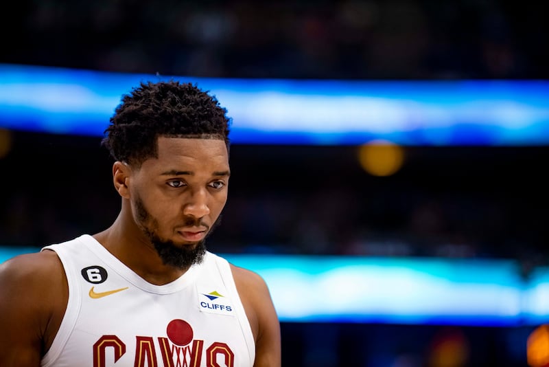 Cleveland guard Donovan Mitchell looks on during game against the Dallas Mavericks in Dallas, Wednesday, Dec. 14, 2022.