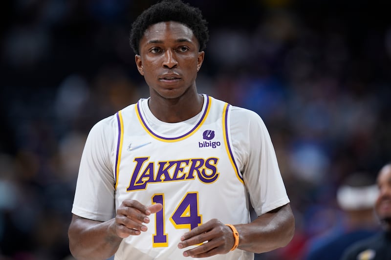 Los Angeles Lakers guard Stanley Johnson in the first half of an basketball game Sunday, April 10, 2022, in Denver. (AP Photo/David Zalubowski)