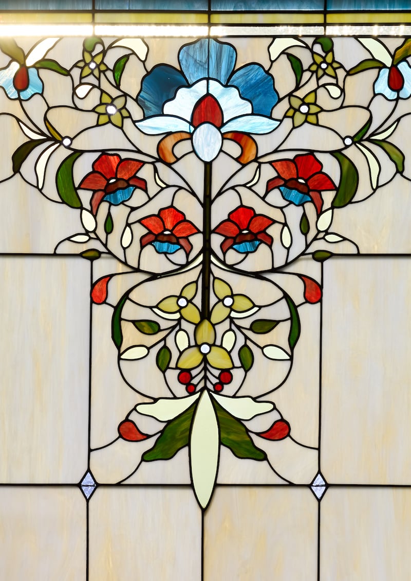 An art-glass design inside the Miraflores Guatemala City Guatemala Temple.