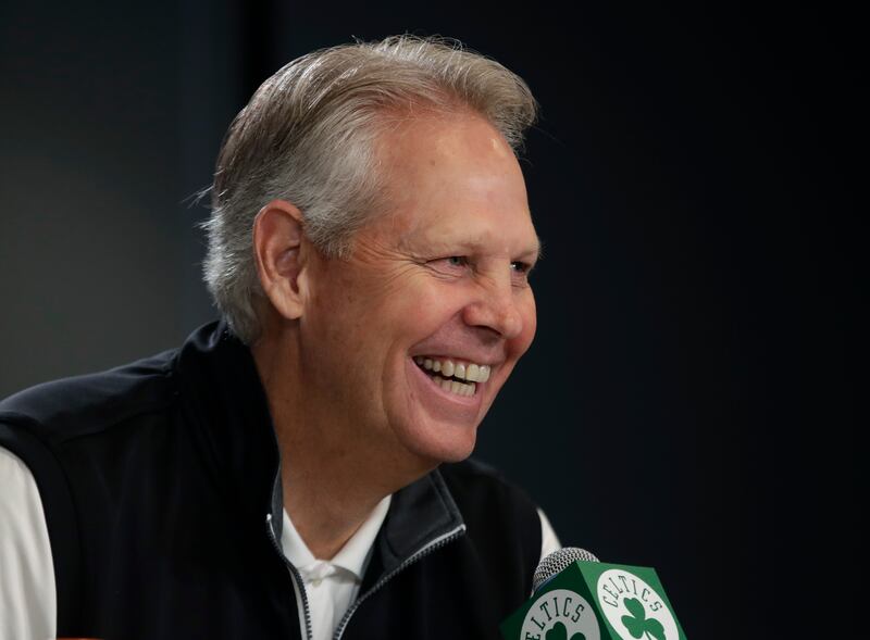 Boston Celtics basketball general manager Danny Ainge laughs during a news conference, Monday, June 24, 2019, in Boston.