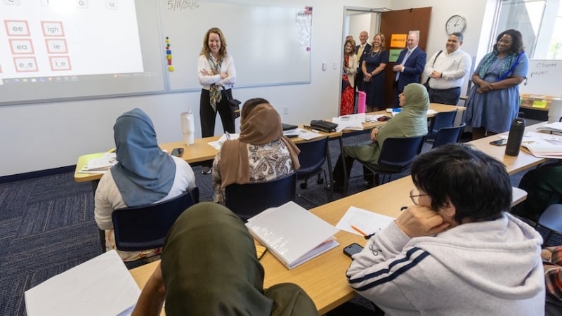 International Organization for Migration Director General Amy Pope visits an English class at the Humanitarian Center of The Church of Jesus Christ of Latter-day Saints in Salt Lake City, Utah, on Monday, May 11, 2026.