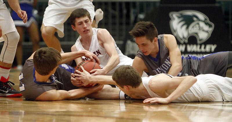 American Fork and Fremont battle for a loose ball in the first round of the 5A boys basketball tournament at the UCCU Events Center in Orem, Tuesday, March 1, 2016.