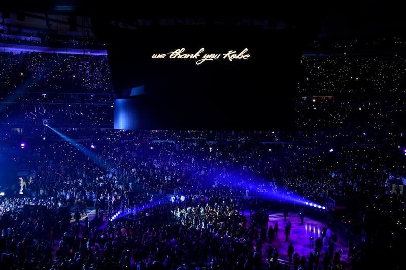 A tribute to Kobe Bryant is seen during halftime of the NBA All-Star basketball game Sunday, Feb. 16, 2020, in Chicago.