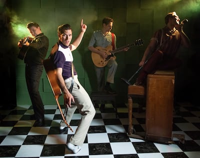 Benjamin D. Hale as Johnny Cash, from left, Michael D Potter as Elvis Presley, Colin Summers as Carl Perkins and David Smith as Jerry Lee Lewis in Hale Center Theater Orem's production of "Million Dollar Quartet."