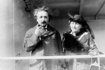Professor Albert Einstein and his wife Elsa arrive from Palestine to raise funds for Zionism on April 4, 1921.
