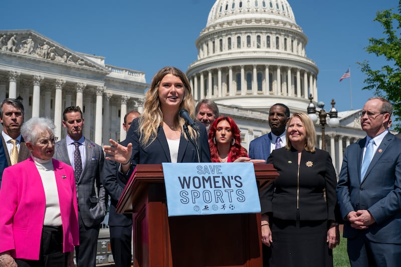 Volleyball player Macy Petty recounts competing against transgender rivals as House Republicans celebrate passage in the House of a bill that would bar federally supported schools and colleges from allowing transgender athletes whose biological sex assigned at birth was male to compete on girls or women’s sports teams in Washington on April 20, 2023.