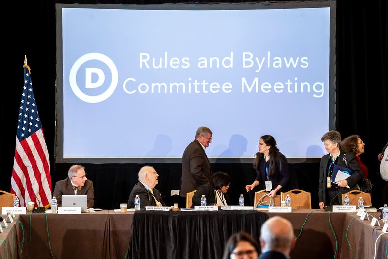 The Democratic National Committee Rules and Bylaws Committee during a meeting at the Omni Shoreham Hotel.