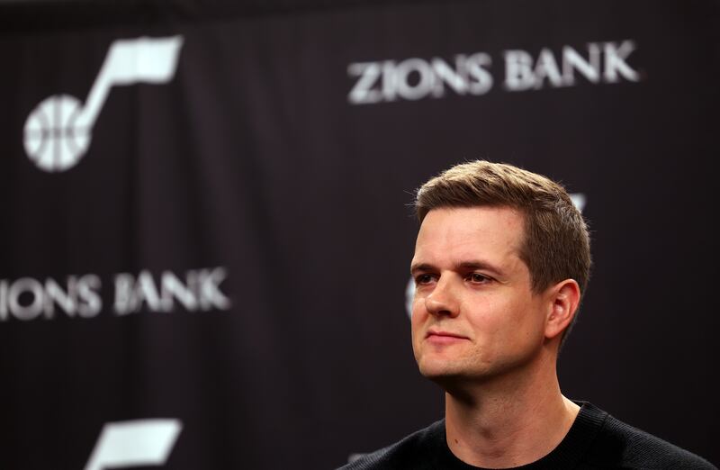 New Utah Jazz head coach Will Hardy talks to members of the media