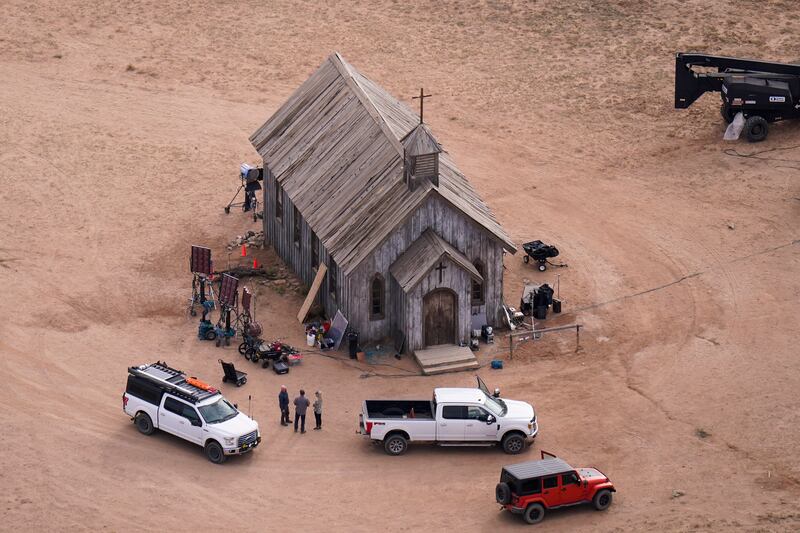 This aerial photo shows the movie set of “Rust,” at Bonanza Creek Ranch in Santa Fe, N.M.