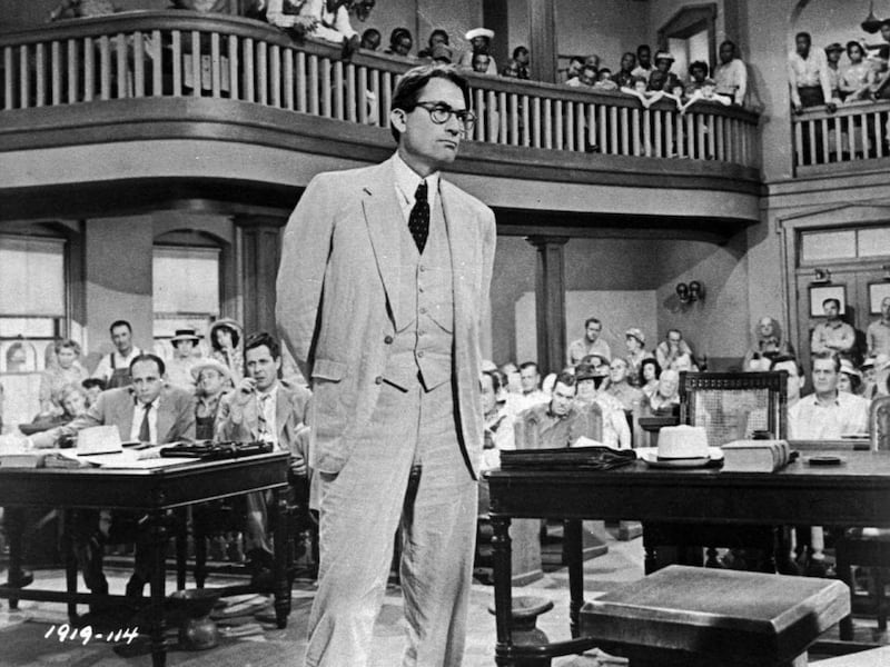 Gregory Peck is shown as attorney Atticus Finch, a small-town Southern lawyer who defends a black man accused of rape, in a scene from the 1962 movie "To Kill a Mockingbird."