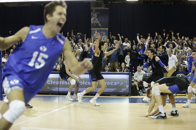The BYU men’s volleyball team celebrates its win over UCLA on Friday, February 23, 2024, at the Smith Fieldhouse in Provo, Utah.
