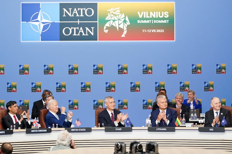 Britain’s Prime Minister Rishi Sunak, U.S. President Joe Biden, NATO Secretary-General Jens Stoltenberg and Lithuania’s President Gitanas Nauseda attend the NATO Summit in Lithuania.