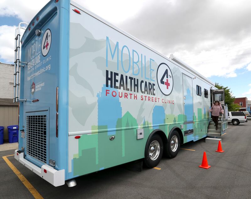 The Fourth Street Clinic’s new mobile clinic is pictured in Salt Lake City on Thursday, May 9, 2019. The mobile clinic, with three exam rooms staffed by medical providers, is expected to start serving clients at partner agencies as early as mid-May and at