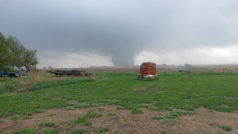 A tornado cuts through parts of Delmont, S.D., Sunday, May 10, 2015. South Dakota Department of Public Safety spokeswoman Kristi Turman said about 20 buildings were damaged and the town has no water, power or phones.