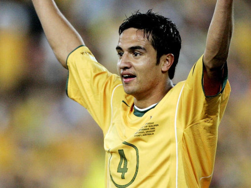 FILE - In this Nov. 16, 2005 file photo, Australian player Tim Cahill reacts during second leg World Cup qualifying soccer match against Uruguay at Sydney's Olympic Stadium in Sydney, Australia. Premier League players Cahill and Mark Schwarzer have been
