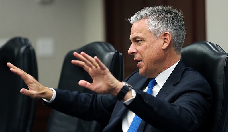 Former Utah Gov. Jon Huntsman Jr. answers a question during a meeting with the Deseret News and KSL editorial boards in Salt Lake City on Thursday, Jan. 19, 2017.