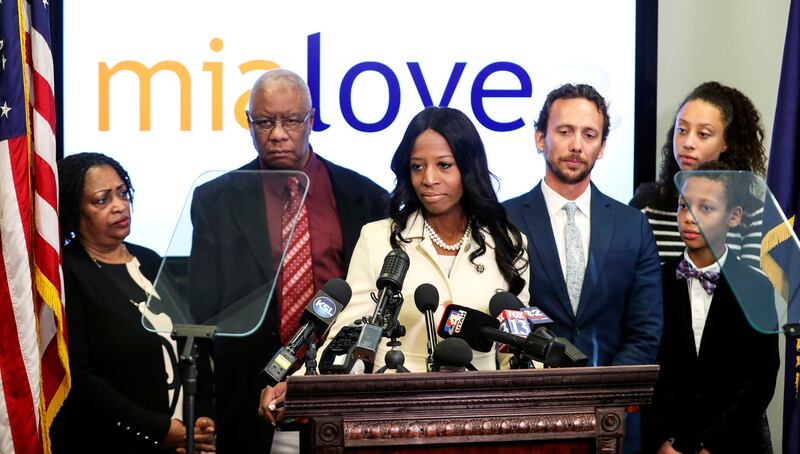 FILE - Surrounded by her family Rep. Mia Love talks about election results in the 4th Congressional District at the Utah Republican Party offices in Salt Lake City on Monday, Nov. 26, 2018. Jason Chaffetz, a former Utah congressman turned Fox News analyst