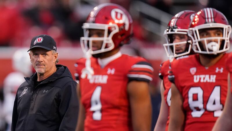 Utah coach Kyle Whittingham looks on while his team warms up before game against Arizona, Nov. 5, 2022, in Salt Lake City.
