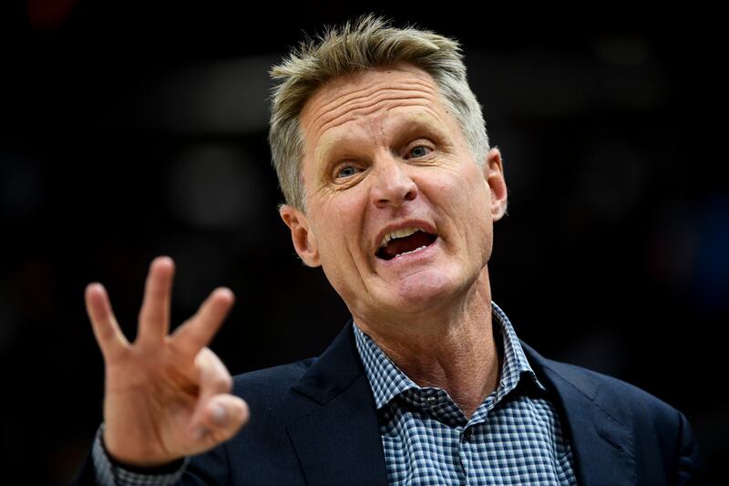 Golden State Warriors head coach Steve Kerr yells to his players in the first half of an NBA basketball game against the Utah Jazz Tuesday, April 10, 2018, in Salt Lake City. (AP Photo/Alex Goodlett)