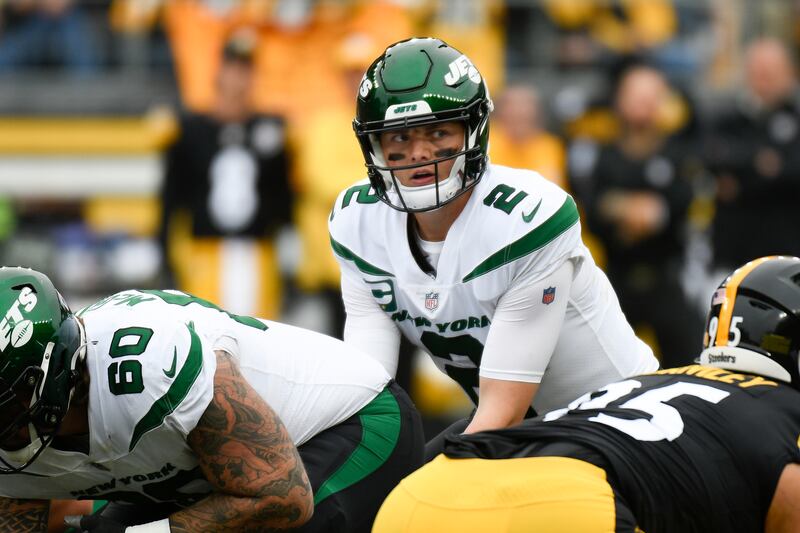 New York Jets quarterback Zach Wilson (2) plays the Pittsburgh Steelers during the first half of a game, Sunday, Oct. 2, 2022, in Pittsburgh.