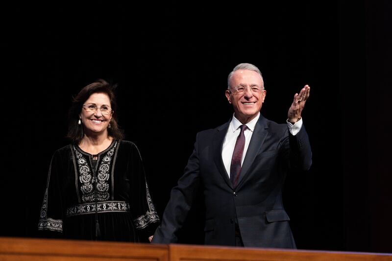 Elder Ulisses Soares of the Quorum of the Twelve Apostles and his wife, Sister Rosana Soares, speak during a BYU–Idaho devotional held in the I-Center on Sunday, April 27, 2025.