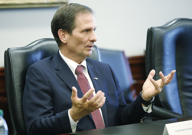 FILE - Rep. Chris Stewart, R-Utah, speaks to the Deseret News editorial board in Salt Lake City Thursday, March 31, 2016. Stewart says there's no evidence that Russian hacking into U.S. elections was designed to put Donald Trump in the White House over Hi