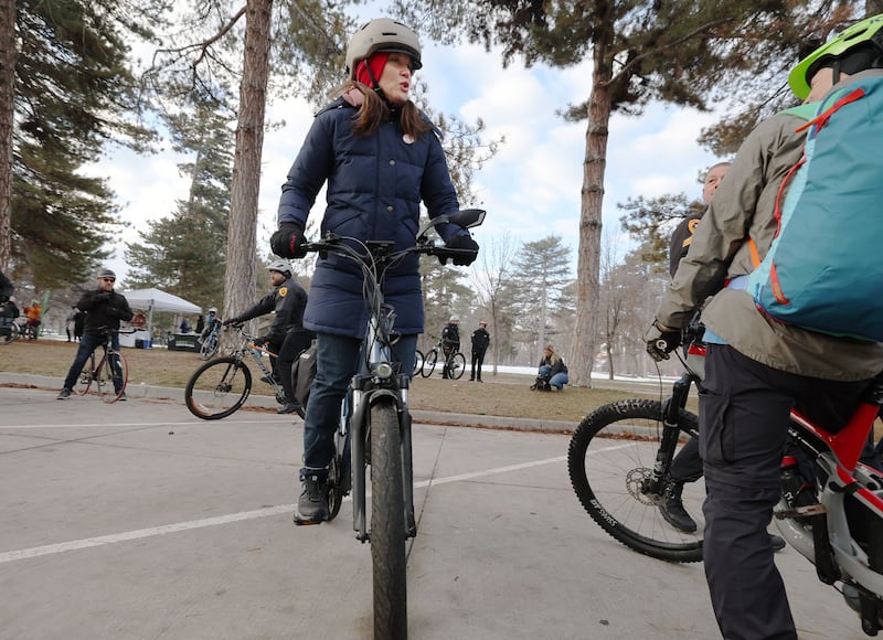 Salt Lake City Mayor Erin Mendenhall bikes to work with city employees and the public in Salt Lake City.