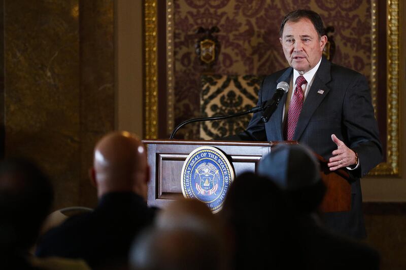 FILE - Utah Governor Gary Herbert speaks during a ceremony to celebrate the signing of Concurrent Resolution on Guarding the Civil Liberties and Freedoms for All American People at the Utah State Capitol in Salt Lake City on Monday, April 17, 2017.