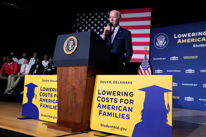 President Joe Biden speaks about student loan debt relief at Delaware State University, Friday, Oct. 21, 2022, in Dover, Del.