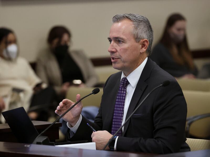 Sen. Daniel McCay, R-Riverton, speaks during a Senate committee hearing at the Capitol in Salt Lake City.
