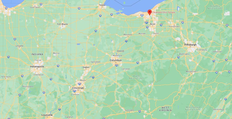 The location of the Cleveland Ohio Temple in relation to the state of Ohio.
