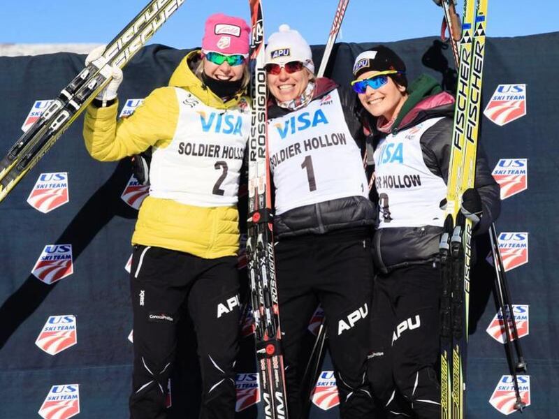 Sadie Bjornsen (2nd), Rosie Brennan (1st) and Kate Fitzgerald (3rd) celebrate their podium finishes in the 10K Freestyle at the 2013 U.S. Cross Country Ski Championships on the Olympic trails at Soldier Hollow, Utah. It was Brennan's first national title.