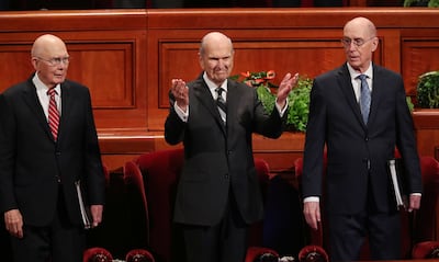 President Russell M. Nelson of The Church of Jesus Christ of Latter-day Saints, center, and his counselors, President Dallin H. Oaks, first counselor in the First Presidency, left, and President Henry B. Eyring, second counselor in the First Presidency, r
