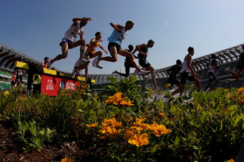 Runners compete in the men’s 3,000-meter steeplechase at the U.S. Olympic Track and Field Trials.