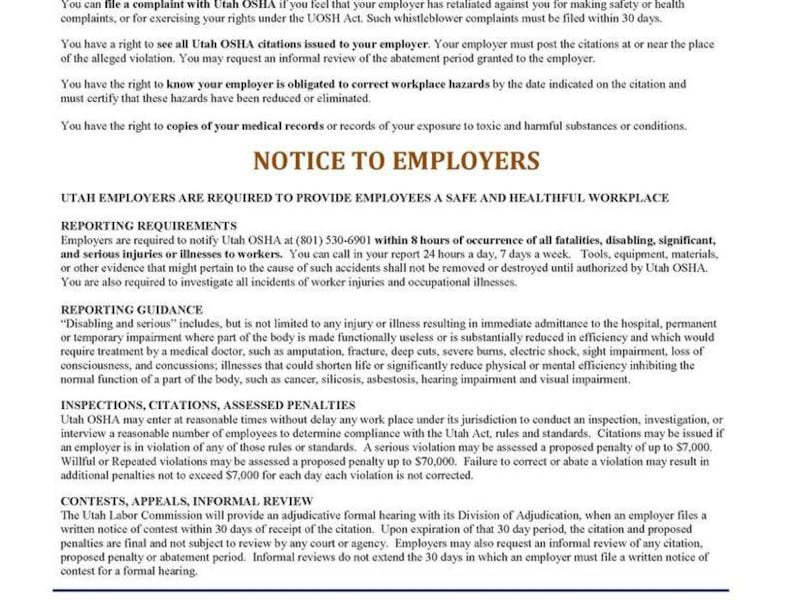 The Utah Labor Commission has warned of a scam involving requirements for employers to display posters, like the one shown here, in the workplace.
