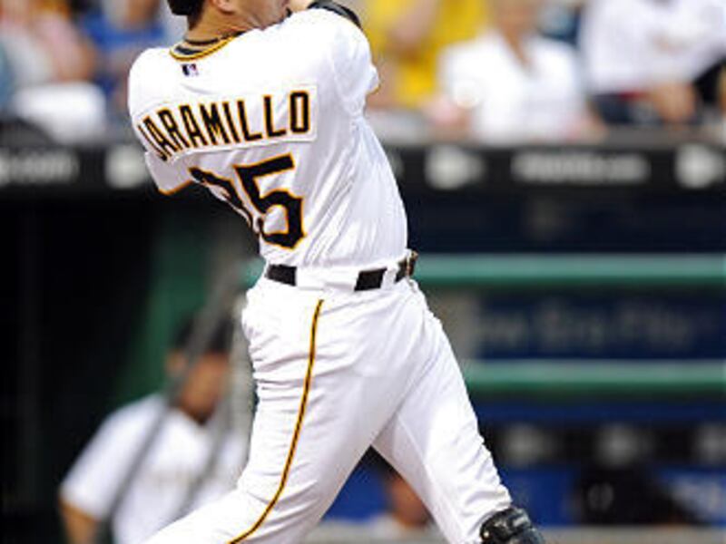 Pittsburgh catcher Jason Jaramillo (35) hits his first major league home run.