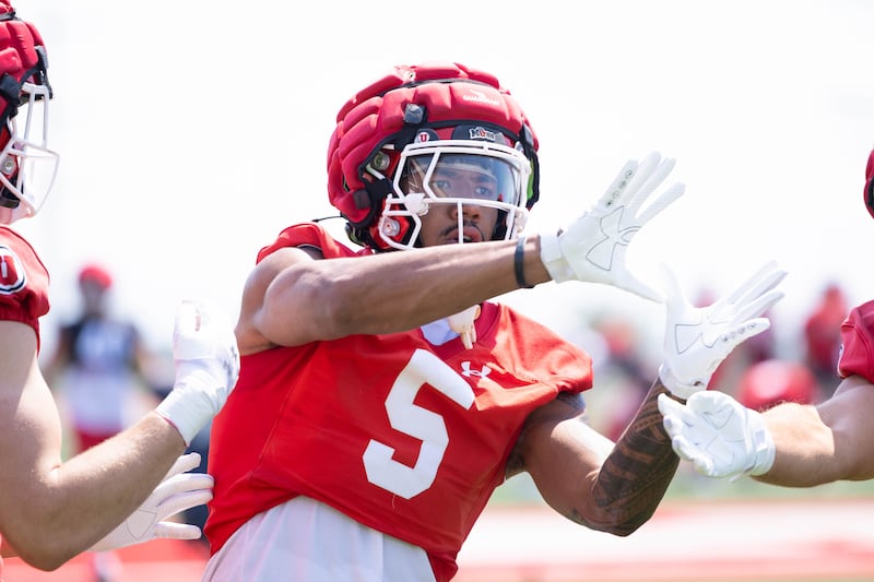 Utah tight end Otto Tia makes a catch during the first day of fall camp at the University of Utah in Salt Lake City on Thursday, July 30, 2025.