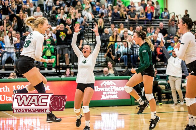 The Utah Valley volleyball team celebrates during play against BYU on Sept.16. On Thursday, the Wolverines will open WAC Tournament play against UMKC at the UTRGV Fieldhouse in Edinburg, Texas.