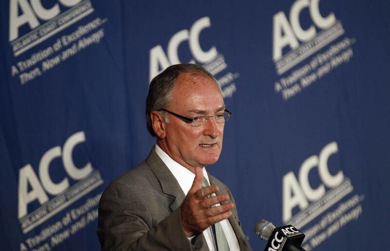 Notre Dame athletic director Jack Swarbrick speaks during a news conference at the University of North Carolina in Chapel Hill, N.C., Wednesday, Sept. 12, 2012. Notre Dame is moving to the Atlantic Coast Conference _ yet keeping its football independence.