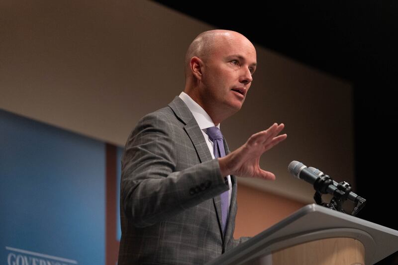 Gov. Spencer Cox speaks at his monthly PBS news conference at the Eccles Broadcast Center in Salt Lake City.