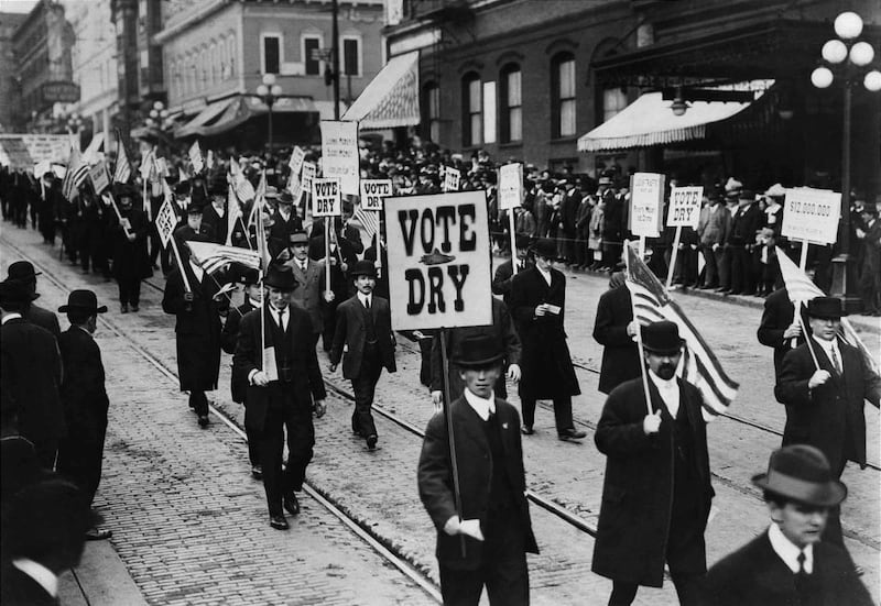 A group rallies for temperance prior to the United States outlawing alcohol nationwide. A new, three-part documentary "Prohibition" begins tonight at 8 on Ch. 7.