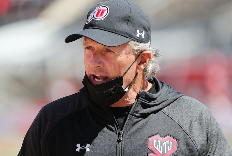 Utah Utes head coach Kyle Whittingham talks to players during the Red and White game.