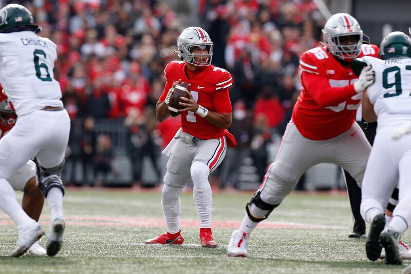 Ohio State quarterback C.J. Stroud drops back to pass