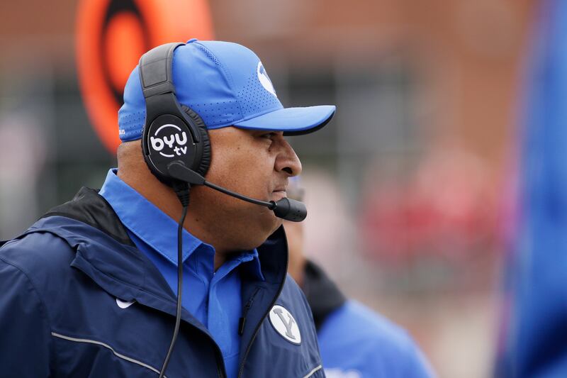 BYU coach Kalani Sitake watches during game against Washington State, Saturday, Oct. 23, 2021, in Pullman, Wash.
