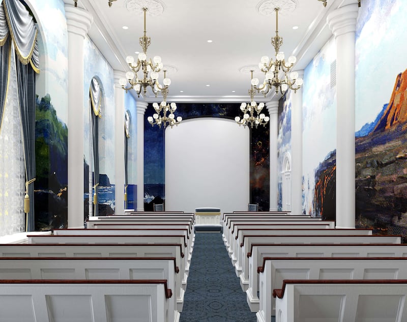 A rendering an instruction room in the St. George Utah Temple. The temple will close Nov. 4 for extensive renovations.